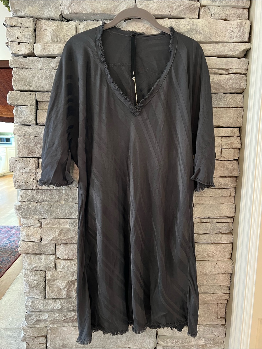 Jaga DTLA Dress Grey With Burnout Stripes Fringe Tunic Designer Lagenlook OS